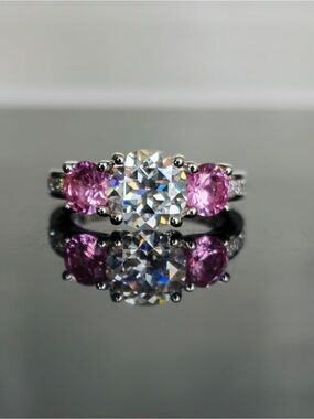 Three-Stone Pink and Clear Solitaire Ring - Women Jewelry